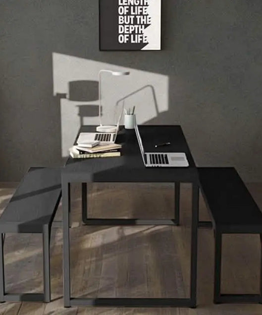 NArt71 - ترابيزة سفرة مع 2 بنش معدن بسطح خشب