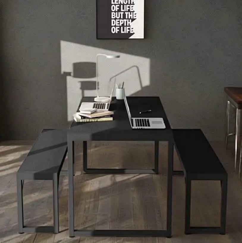 NArt71 - ترابيزة سفرة مع 2 بنش معدن بسطح خشب