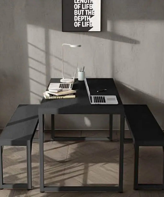 NArt71 - ترابيزة سفرة مع 2 بنش معدن بسطح خشب