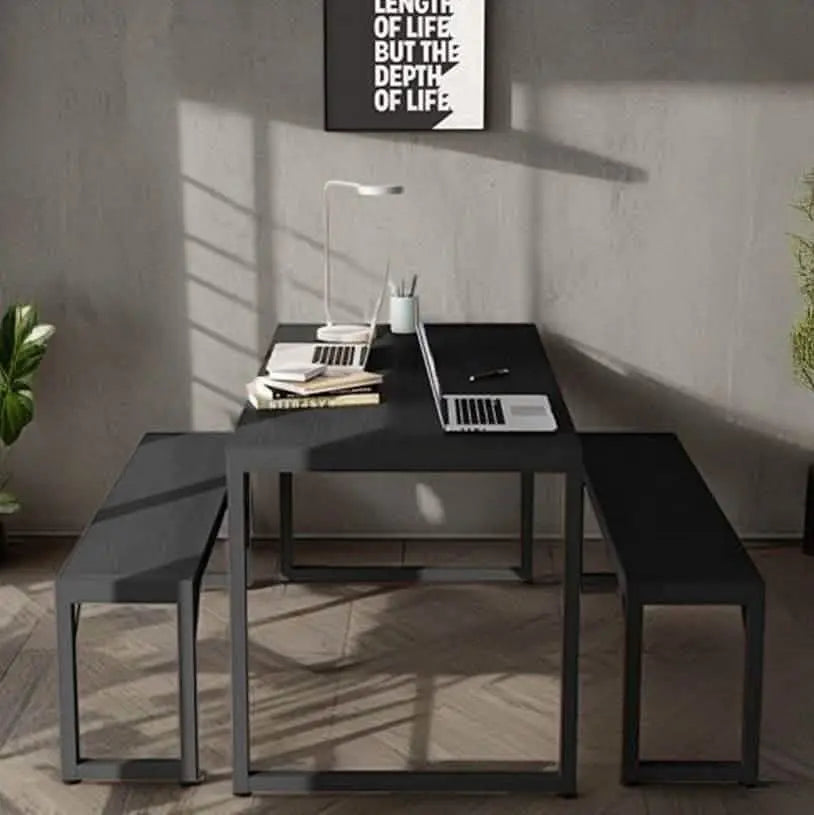 NArt71 - ترابيزة سفرة مع 2 بنش معدن بسطح خشب