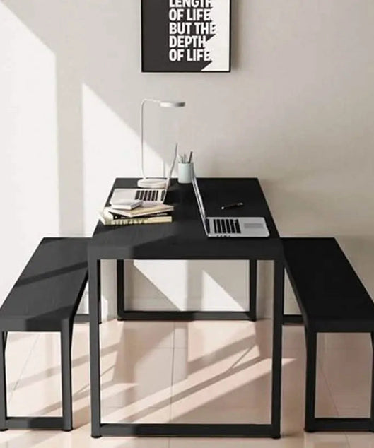 NArt71 - ترابيزة سفرة مع 2 بنش معدن بسطح خشب