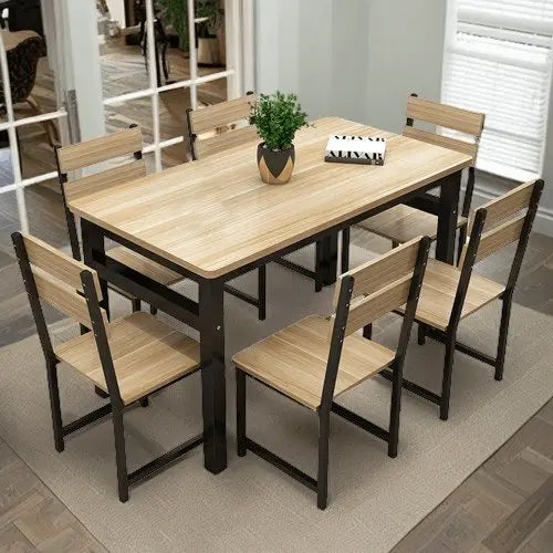 NArt65 - سفرة طعام مع 6 كراسي معدن بسطح خشب