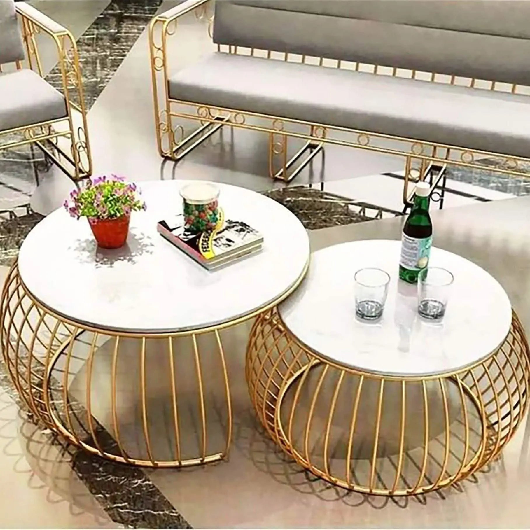 NArt84 - طقم ترابيزات قهوة معدن بسطح رخام