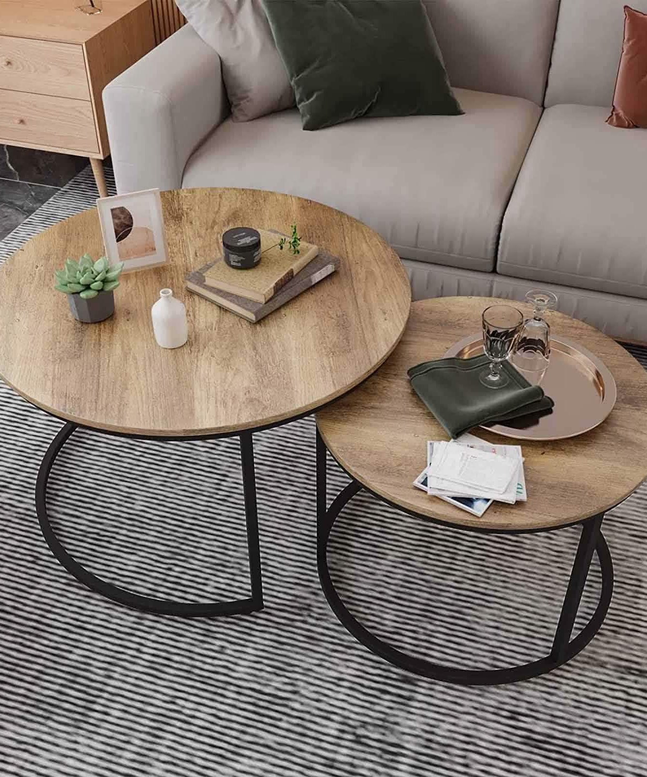 NArt89 - ترابيزة قهوة مزدوجة معدن بسطح خشب