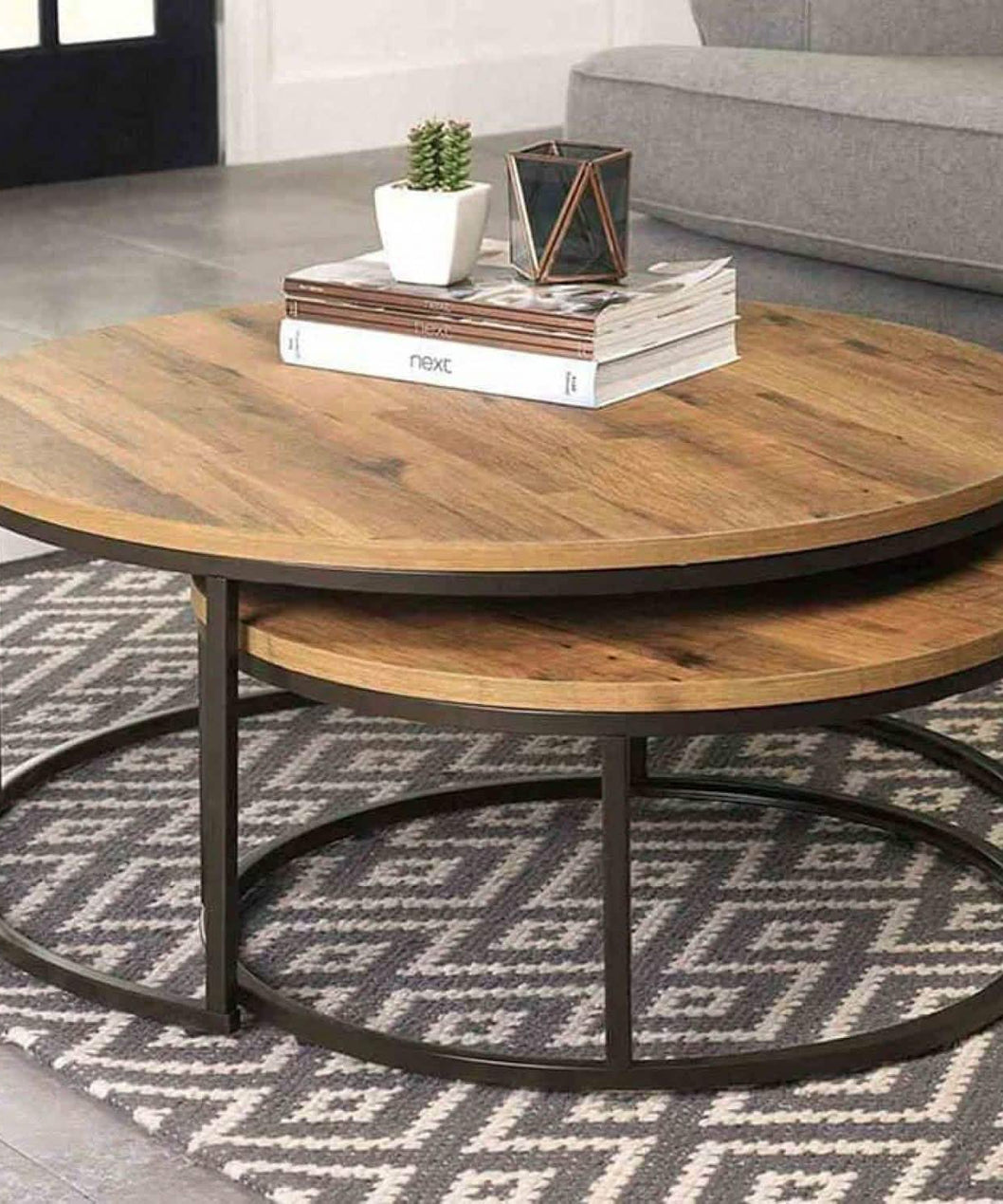 NArt89 - ترابيزة قهوة مزدوجة معدن بسطح خشب