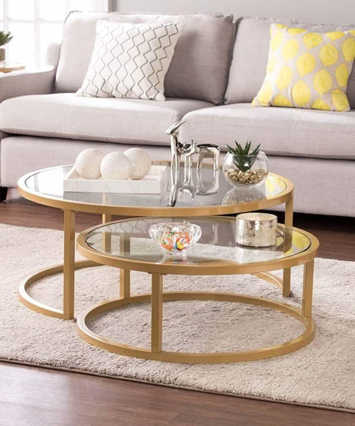NArt55 - Metal Nesting Round Coffee Table with Glass Top