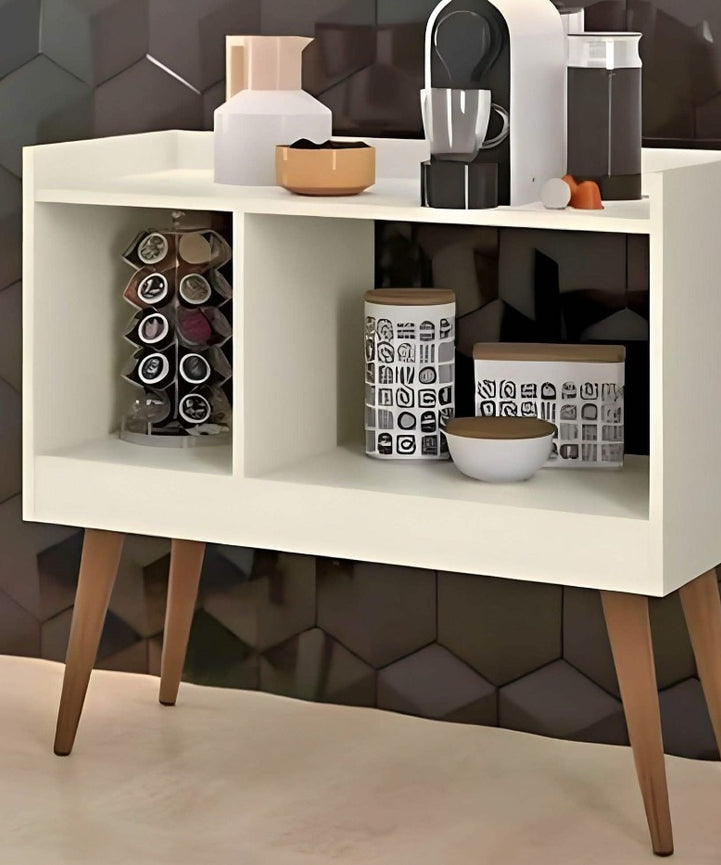 White coffee corner with wooden legs